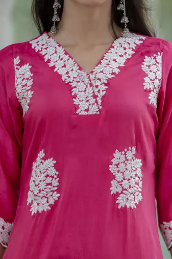 Vredevogel women's embroidered silk blend calf length straight kurta trouser with dupatta set
