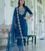 Vredevogel women's embroidered silk blend calf length straight kurta trouser with dupatta set