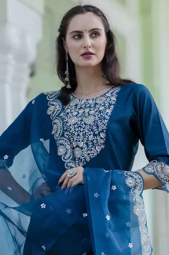 Vredevogel women's embroidered silk blend calf length straight kurta trouser with dupatta set