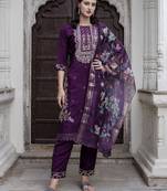 Vredevogel  women   s viscose roman silk embroidery straight kurta pant with dupatta set