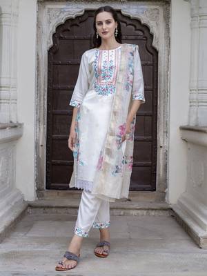 Vredevogel  women   s viscose roman silk embroidery straight kurta pant with dupatta set 1