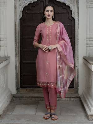 Vredevogel  women   s viscose roman silk embroidery straight kurta pant with dupatta set 1