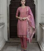 Vredevogel  women   s viscose roman silk embroidery straight kurta pant with dupatta set