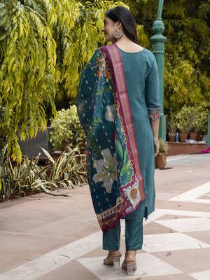 Vredevogel  women   s viscose roman silk embroidery straight kurta pant with dupatta set 2