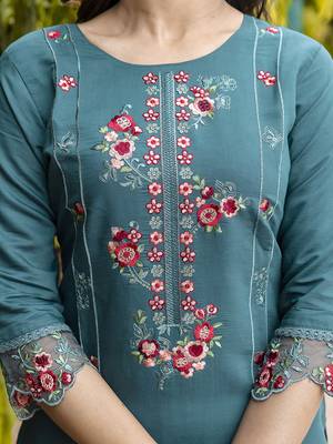 Vredevogel  women   s viscose roman silk embroidery straight kurta pant with dupatta set 3