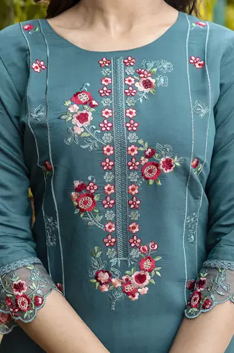 Vredevogel  women   s viscose roman silk embroidery straight kurta pant with dupatta set