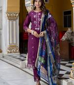 Vredevogel  women   s viscose roman silk embroidery straight kurta pant with dupatta set