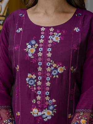 Vredevogel  women   s viscose roman silk embroidery straight kurta pant with dupatta set 3
