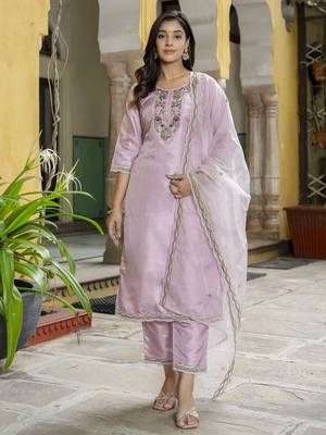 Vredevogel women's embroidered silk blend calf length straight kurta trouser with dupatta set 1