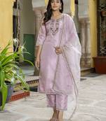 Vredevogel women's embroidered silk blend calf length straight kurta trouser with dupatta set