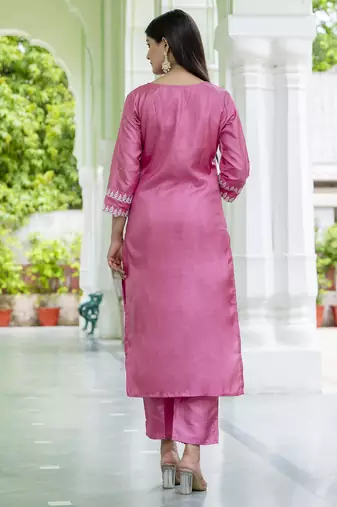 Vredevogel women's embroidered silk blend calf length straight kurta trouser with dupatta set