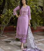 Vredevogel women's embroidered silk blend calf length straight kurta trouser with dupatta set