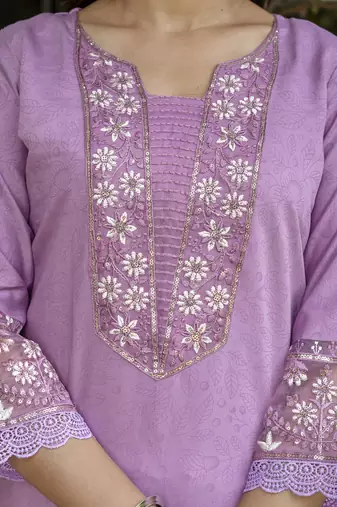 Vredevogel women's embroidered silk blend calf length straight kurta trouser with dupatta set