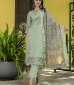 Vredevogel women's embroidered silk blend calf length straight kurta trouser with dupatta set