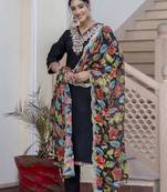 Vredevogel women's embroidered silk blend calf length straight kurta trouser with dupatta set