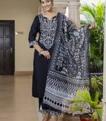 Vredevogel women's embroidered silk blend calf length straight kurta trouser with dupatta set