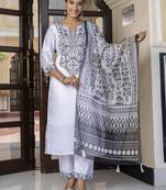 Vredevogel women's embroidered silk blend calf length straight kurta trouser with dupatta set