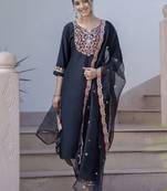 Vredevogel women's embroidered silk blend calf length straight kurta trouser with dupatta set