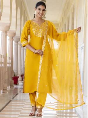 Vredevogel women's embroidered silk blend calf length straight kurta trouser with dupatta set 1