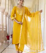 Vredevogel women's embroidered silk blend calf length straight kurta trouser with dupatta set