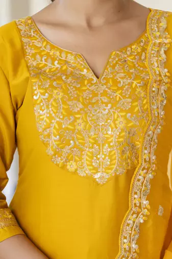 Vredevogel women's embroidered silk blend calf length straight kurta trouser with dupatta set