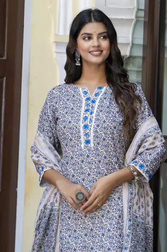 Vredevogel women cotton blend kurta pant dupatta set