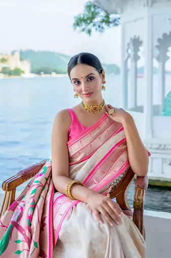 Pink Faux Kanjivaram Silk Zari Weaving Border & Printed Pallu With Blouse For Women
