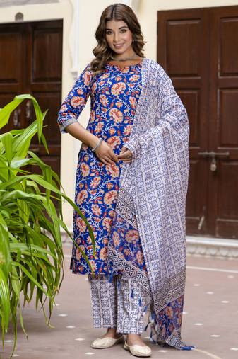  women cotton blend kurta pant dupatta set
