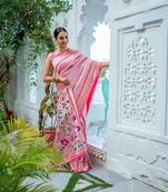 Baby Pink kanjivaram silk blend zari Weaving Border & Printed Pallu With Blouse For Women