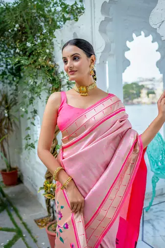 Baby Pink kanjivaram silk blend zari Weaving Border & Printed Pallu With Blouse For Women