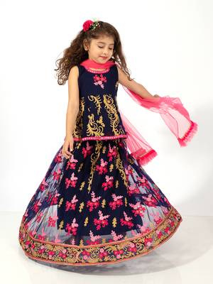Elaisha girls embroidered peplum top & ghagra co-ord set with net dupatta - navy & pink 1