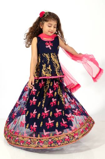 Elaisha girls embroidered peplum top & ghagra co-ord set with net dupatta - navy & pink