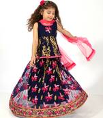 Elaisha girls embroidered peplum top & ghagra co-ord set with net dupatta - navy & pink