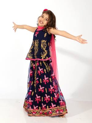 Elaisha girls embroidered peplum top & ghagra co-ord set with net dupatta - navy & pink 2