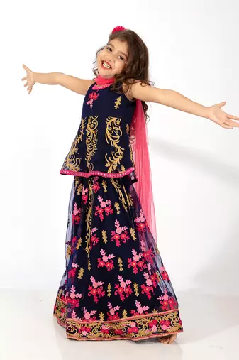 Elaisha girls embroidered peplum top & ghagra co-ord set with net dupatta - navy & pink