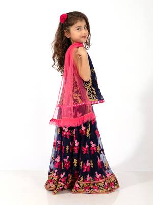 Elaisha girls embroidered peplum top & ghagra co-ord set with net dupatta - navy & pink 3