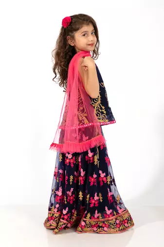Elaisha girls embroidered peplum top & ghagra co-ord set with net dupatta - navy & pink