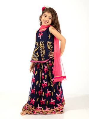 Elaisha girls embroidered peplum top & ghagra co-ord set with net dupatta - navy & pink 4