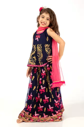 Elaisha girls embroidered peplum top & ghagra co-ord set with net dupatta - navy & pink