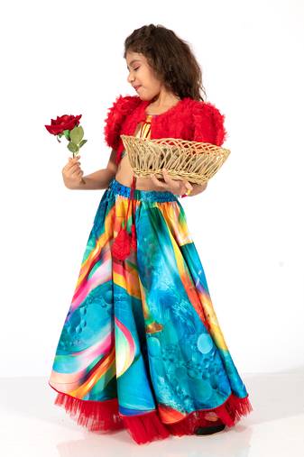 Elaisha girls bolero jacket with an inner & a vibrant skirt set - red & multicolour