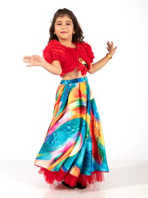 Elaisha girls bolero jacket with an inner & a vibrant skirt set - red & multicolour 2