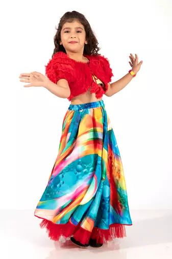 Elaisha girls bolero jacket with an inner & a vibrant skirt set - red & multicolour