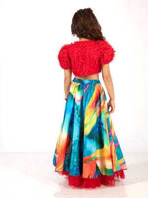 Elaisha girls bolero jacket with an inner & a vibrant skirt set - red & multicolour 4