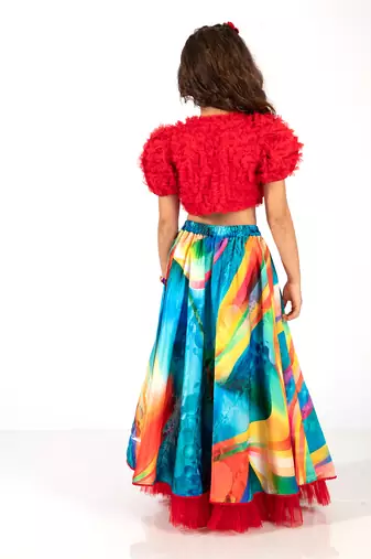 Elaisha girls bolero jacket with an inner & a vibrant skirt set - red & multicolour