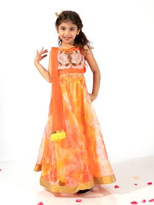 Elaisha girls spaghetti butterfly hand embroidered top and organza flared skirt set - orange 1