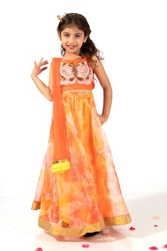 Elaisha girls spaghetti butterfly hand embroidered top and organza flared skirt set - orange