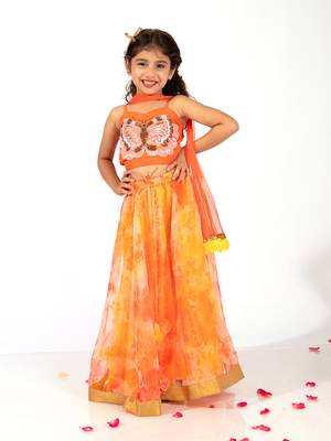 Elaisha girls spaghetti butterfly hand embroidered top and organza flared skirt set - orange 2
