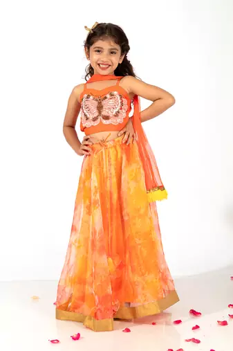 Elaisha girls spaghetti butterfly hand embroidered top and organza flared skirt set - orange