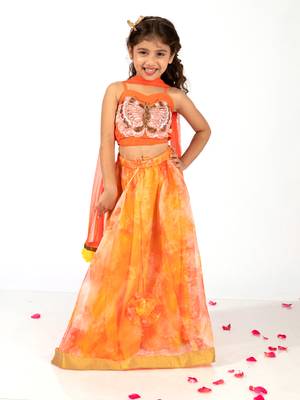Elaisha girls spaghetti butterfly hand embroidered top and organza flared skirt set - orange 3