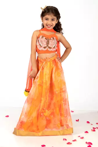 Elaisha girls spaghetti butterfly hand embroidered top and organza flared skirt set - orange
